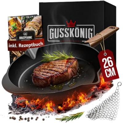 Чавунна пательня Gusskönig 26 см + книга рецептів, очищувач, шкіряна накладка