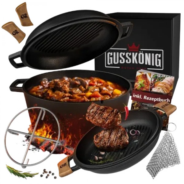 Купить Чугунная голландская печь с кожаными ручками и практичным противнем с крышкой Gusskoenig, 5 л - 170165 в магазине Grill Point