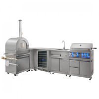 Уличная кухня с газовым грилем Kapitan, угольной пицца-печью, мойкой, холодильником GRILLI