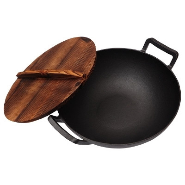 Купить Чугунный вок (котел) 35.5*10см с деревянной крышкой GRILLI - 9637 в магазине Grill Point
